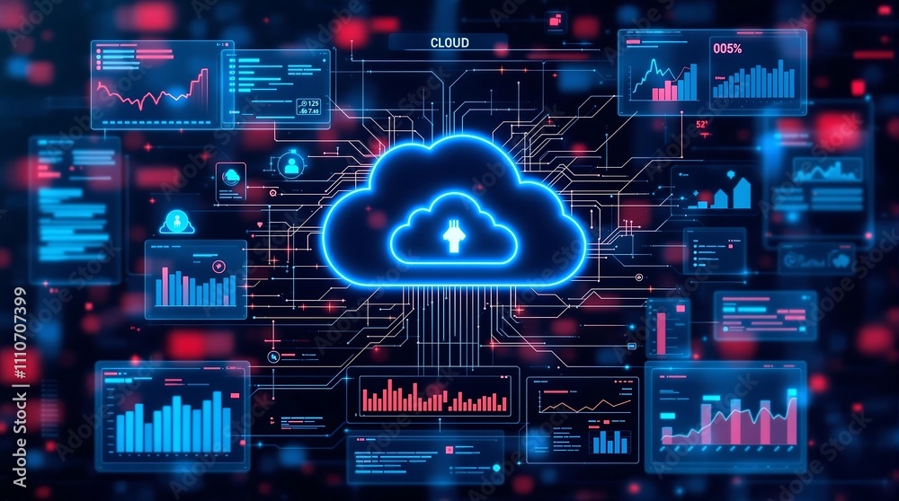 Poster digital interface with cloud icons and graphs representing cloud cost management and optimization