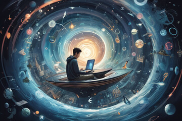 A concept of a person internet surfing, enveloped by a futuristic vortex of digital data and social media symbols circling around Earth