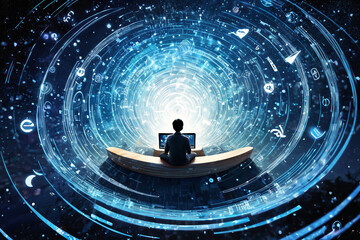 A concept of a person internet surfing, enveloped by a futuristic vortex of digital data and social media symbols circling around Earth