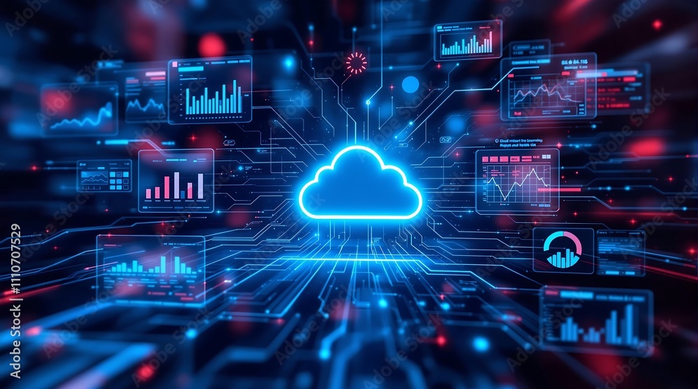 Poster digital interface with cloud icons and graphs representing cloud cost management and optimization