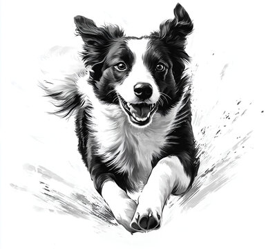  black and white drawing of a border collie dog running