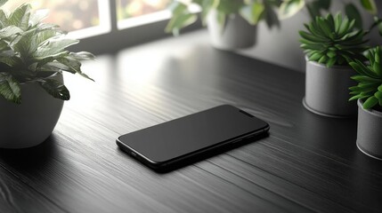 Black Smartphone on Dark Wood Table with Green Plants