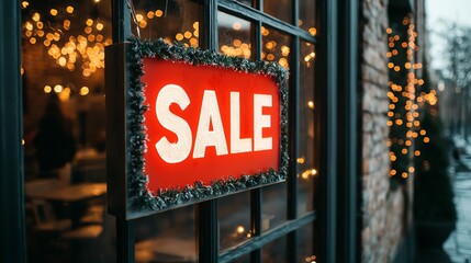 Cozy cafe window, sale sign in snowfrosted glass, Christmas lights around, people inside enjoying warm drinks, warm lighting, wideangle perspective