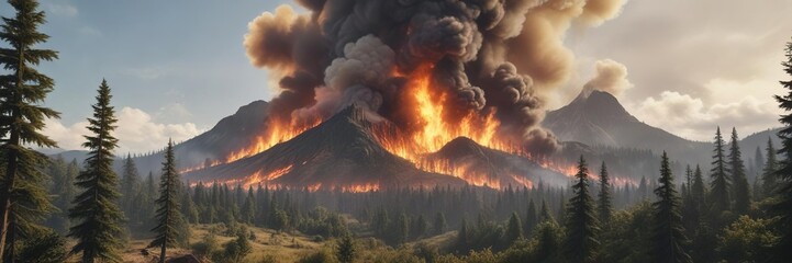 A massive wildfire rages across a mountain peak in the background while lush forest foliage surrounds it in the foreground, wilderness, landscape