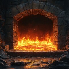 A fiery scene depicting molten lava flowing from a stone archway, evoking a sense of danger.