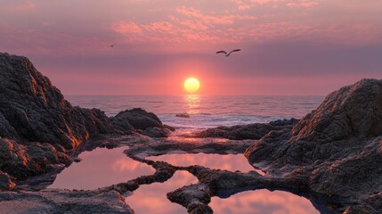 Rocky beach at dawn, with tide pools reflecting the pink and orange hues of the rising sun and sea birds hovering nearby.