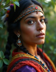 Fototapeta premium a mystical, spiritual, spiritual, spiritual, psychic woman from the seventeen hundred years with smooth facial features, shimmering red purple yellow green blue white colors, small green leaves blowin