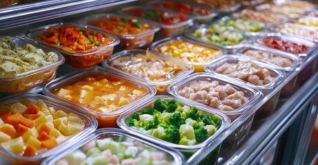 Fototapeta premium Frozen Food in the Freezer: Soup, Vegetables, and Ready Meals. AI generated illustration.