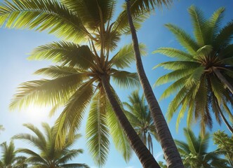Fototapeta premium Coconut palm tree with a strong trunk and vibrant leaves against the clear blue sky with sun shining brightly, lush foliage, mature palm