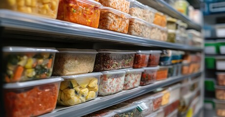 Fototapeta premium Frozen Food in the Freezer: Soup, Vegetables, and Ready Meals. AI generated illustration.