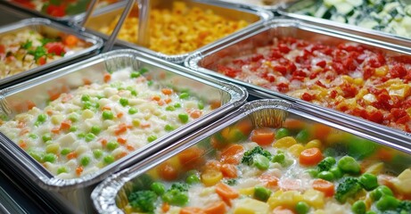 Obraz premium Frozen Food in the Freezer: Soup, Vegetables, and Ready Meals. AI generated illustration.