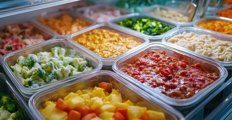 Frozen Food in the Freezer: Soup, Vegetables, and Ready Meals. AI generated illustration.