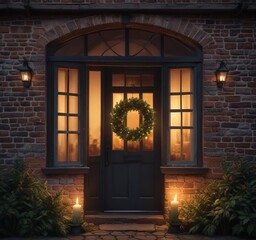 A quaint cottage with a charming evergreen Christmas wreath on the front door and a burning candle in the windowpane, natural elements, seasonal welcome, holiday decor