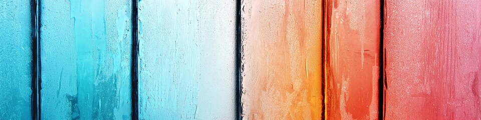 Fototapeta premium A vibrant gradient of colors on wooden planks, showcasing refreshing hues from blue to orange.