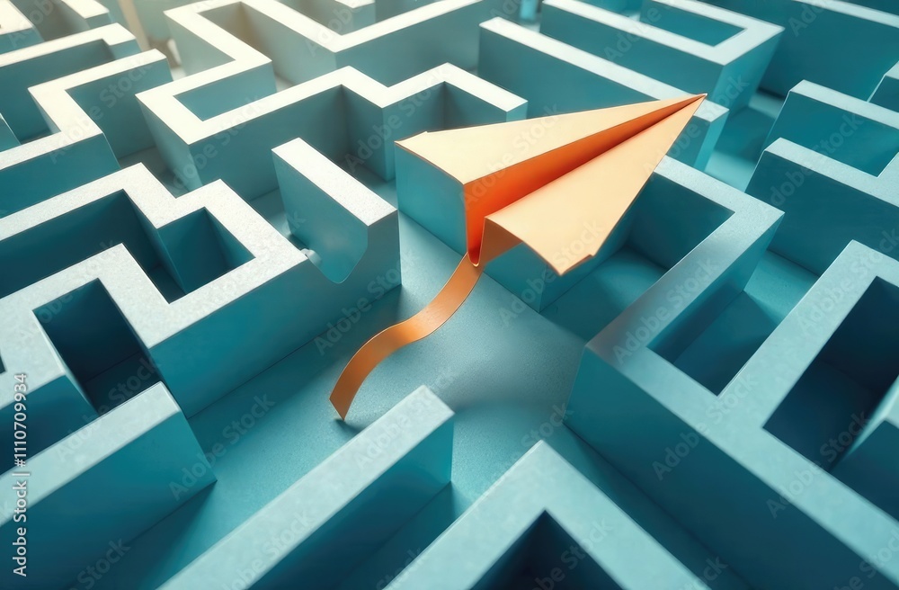 Wall mural Maze concept. Overcoming the barriers. Conquering the obstacles. Way to success and business solutions. Exit strategy. Paper plane breaking through the maze on business office background. 