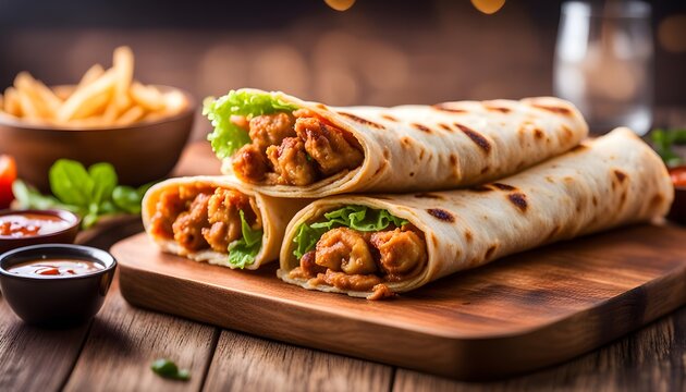 Crispy Chicken Wrap paratha roll served in wooden board side view of indian fastfood
