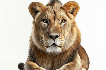 Studio photo of a lion isolated against a white background. Wildlife and conservation concept,...