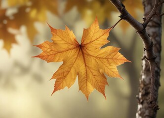 A single maple leaf perched on a branch against a soft focus background, earthy tones, atmospheric effect, outdoor scenery