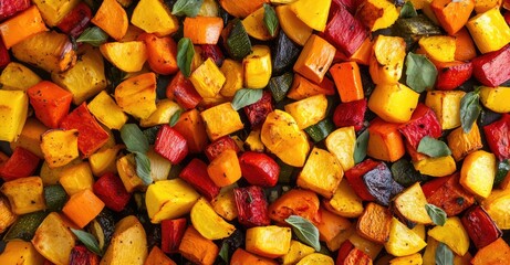Roasted Colorful Autumn Vegetables - Above View. AI generated illustration.