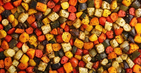 Roasted Colorful Autumn Vegetables - Above View. AI generated illustration.
