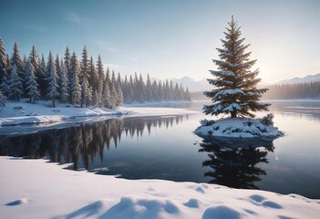 Fototapeta premium A snow-covered Christmas tree leaning against a frozen lake, wintry scene, calm mood, icy landscape