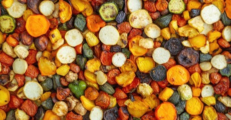 Roasted Colorful Autumn Vegetables - Above View. AI generated illustration.