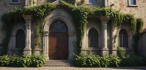 Fototapeta premium Church facade covered in thick, old vines and climbing plants , climbing, foliage