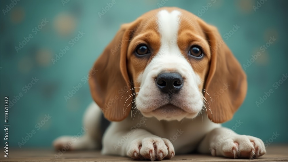 Wall mural A beagle puppy laying down on a wooden floor