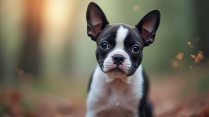 A small black and white dog sitting in the woods