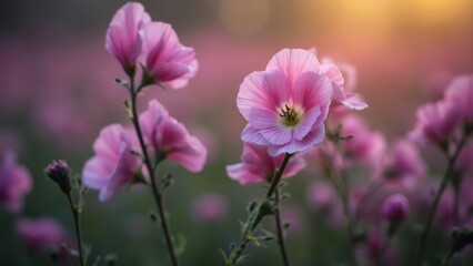 A field of pink flowers with the sun setting in the background