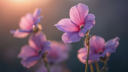 A close up of a pink flower with the sun setting in the background