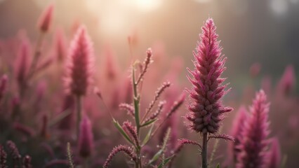 Obraz premium A field of pink flowers with the sun setting in the background