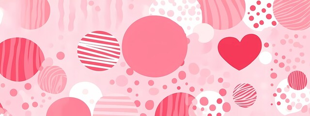 A pink geometric pattern background with hearts and circles, a seamless pattern, a pink color palette, a flat vector illustration, simple shapes