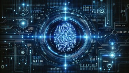 Fototapeta premium A glowing digital fingerprint pattern on a dark blue background