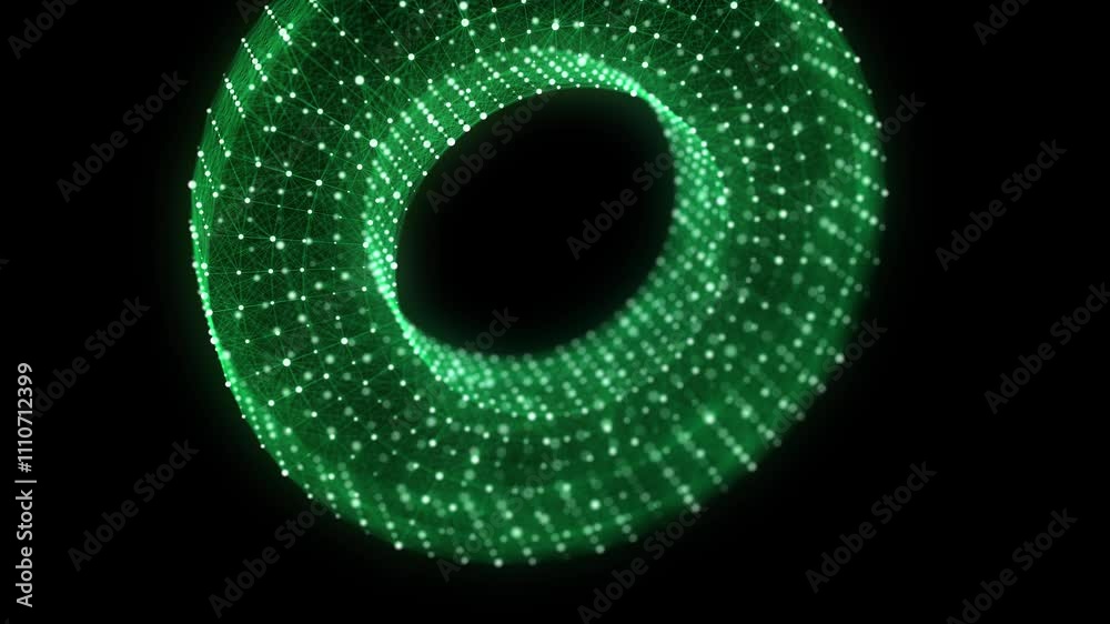 Poster Abstract green torus with connecting dots and lines. Wireframe technology torus. Big data visualization. 3d rendering.
