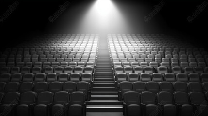 Obraz premium Empty movie theater with spotlight casting a solitary beam on the stage, symbolizing the power of imagination and the potential for new beginnings in a quiet, reflective space