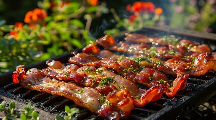 Some tapas bacon and dates on a hot bbq grill in the back plants of a garden