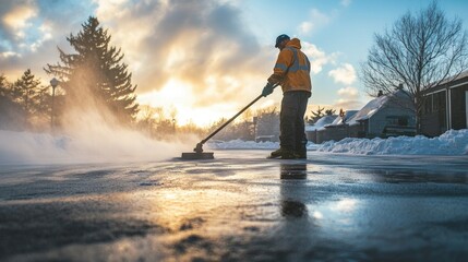 Image of a man with professional deicing a parking lot in winter