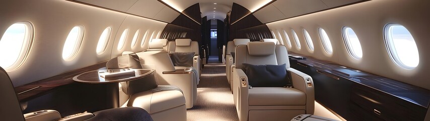 Sophisticated private airplane cabin with sleek finishes and spacious seating. Soft lighting and modern decor for a luxurious in-flight experience.