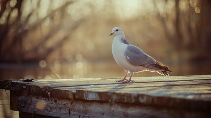 2. "Close-up of a dove standing gracefully on a rustic dock, with soft sunlight filtering through the trees