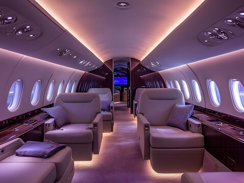 Sophisticated private airplane cabin with sleek finishes and soft lighting. Spacious seating and refined decor for a luxurious in-flight experience.