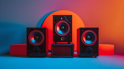 sound system build from way speakers and a woofer all black with red circle isolated on blue and orange background