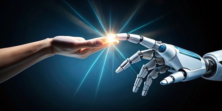 Futuristic Interaction: A White Cyborg Robotic Hand Pointing at a Human Hand in a Cybernetic Connection, Isolated on a Free PNG Background for Creative Use