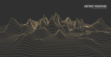 Contour mountain landscape. Waved line art. Abstract minimal topographic map. Contour lines with elevations and terrain depth. Vector illustration.