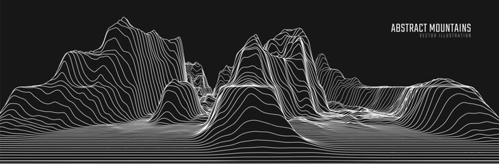 Contour mountain landscape. Waved line art. Abstract minimal topographic map. Contour lines with elevations and terrain depth. Vector illustration.