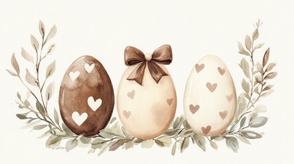 Obraz premium Watercolor painting of chocolate Easter eggs with bows and hearts surrounded by greenery, three eggs composition, neutral colors of beige, brown and white, simple style