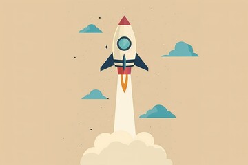 A cartoon rocket is flying through the sky with a cloud of dust behind it