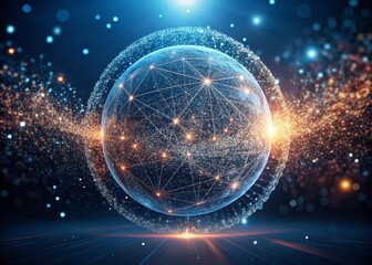 Obraz premium Futuristic Sphere of Particles in Cyberspace with Flowing Atoms and Energy Spread Concept in Minimalist Style, 3D Rendering of Advanced Technology and Space Exploration