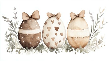 Obraz premium Watercolor painting of chocolate Easter eggs with bows and hearts surrounded by greenery, three eggs composition, neutral colors of beige, brown and white, simple style