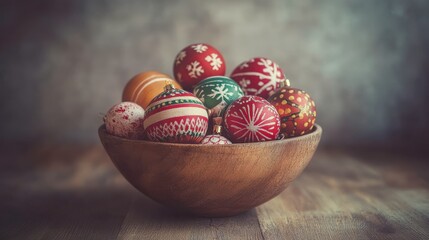 Colorful Christmas Ornaments in a Wooden Bowl Displaying Traditional Designs and Patterns Perfect for Holiday Decor and Festive Celebrations